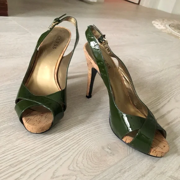 Guess by Marciano Green Leather High Heel Slingback Cork Heels - Picture 5 of 16